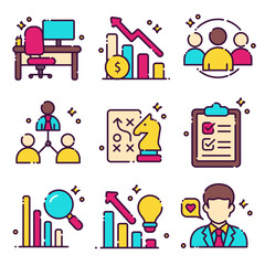 Set of colorful business and office icons, including graphs, charts, people, organizational structures, strategies, magnifying glass, light bulb, checklist, and office desk. 