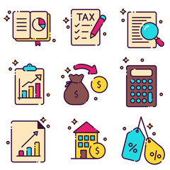 Set of colorful accounting and finance icons including calculator, graph, tax document, magnifier, money bag, house, and percentage tags. Perfect for financial, business, and economic design projects