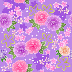 薄紫の可愛いシームレス和柄ベクターデータ 桜と牡丹