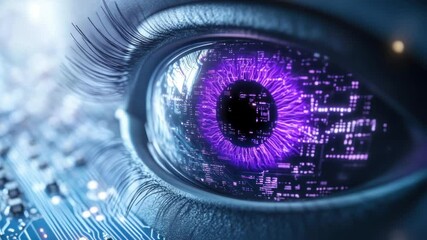Close-up of a futuristic eye, showcasing a digital circuit board interface within the iris.  - Powered by Adobe
