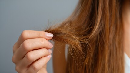 A woman's hand holding and examining damaged, dry hair with split ends. Beauty industry, professional cosmetics. Long, brown, straight hair