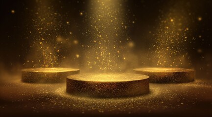 Three golden podiums illuminated by spotlights, glittering with gold dust