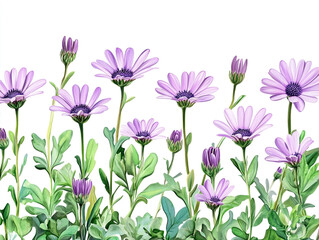 Watercolor illustration of delicate purple african daisy flowers and green leaves with white background in horizontal composition