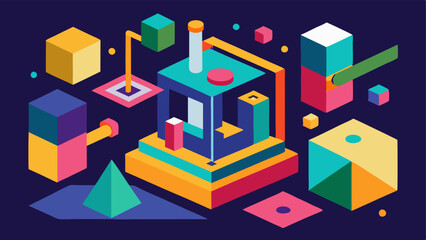 Complex Geometric Shapes An artistic depiction of a 3D printer producing intricate geometric shapes with various colors and patterns in the output.