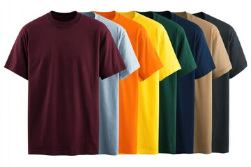 Row of plain, crew-neck t-shirts in various colors