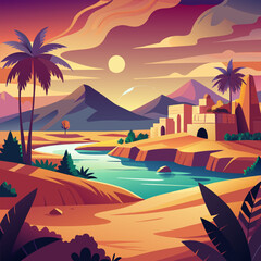 Sunset Oasis. Serene Desert Landscape with Ancient Village