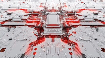 Intricate circuit board design with glowing red pathways.