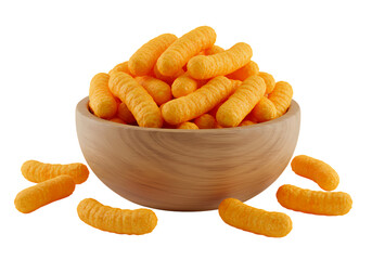 Cheese Puffs in Wooden Bowl isolated on transparent baackground