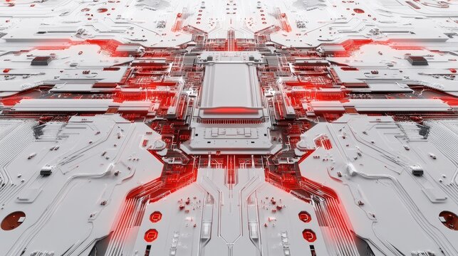 Intricate circuit board design with glowing red pathways.