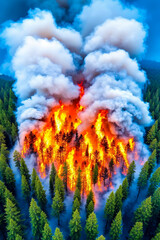Fototapeta premium A large fire in the middle of a forest with smoke coming out of it