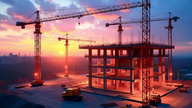 Sunset over a construction site with cranes and machinery, showcasing progress in urban development