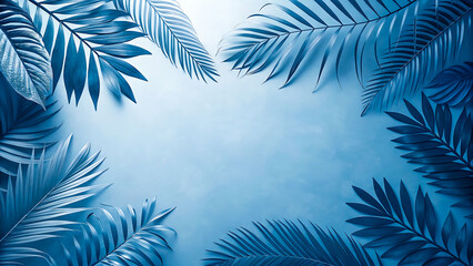 Obraz premium Blue tropical palm leaves frame background, tropical, leaves, palm, blue, background