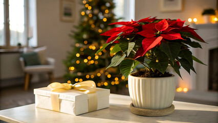 Christmas poinsettia plant with gift box and decorated tree, poinsettia, christmas, plant, red, flower, gift, box, present