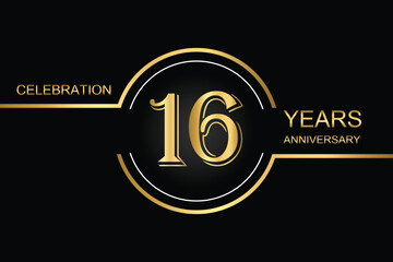 Luxury 16th anniversary celebration design with gold text on a dark background. Perfect for elegant event invitations, milestone banners, or corporate anniversary templates.