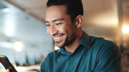 Happy, businessman and night with phone for communication, social media or network at office. Man,...