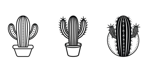 cactus icon vector logo symbol desert flower botanica plant garden summer tropical illustration boodle cactus, black and white, simple minimalist design, line art, vector illustration

