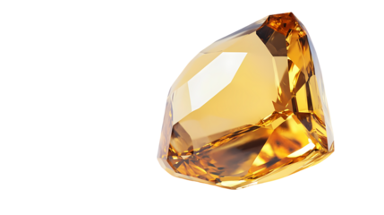 A close up shot of a faceted amber gemstone with soft lighting effects isolated on transparent background