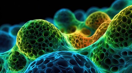 Vibrant, intricate cellular structure with glowing colors.