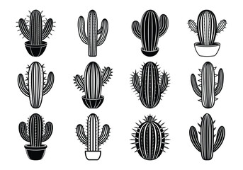 Fototapeta premium cactus icon vector logo symbol desert flower botanica plant garden summer tropical illustration boodle cactus, black and white, simple minimalist design, line art, vector illustration 