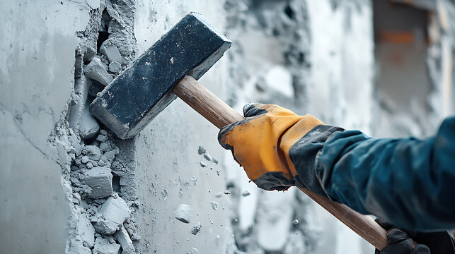 Worker breaking concrete wall with a hammer