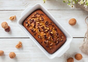 Overhead shot of a walnut loaf cake, freshly baked and still in its white rectangular baking pan, surrounded by walnuts and blossoms on a white wooden surface