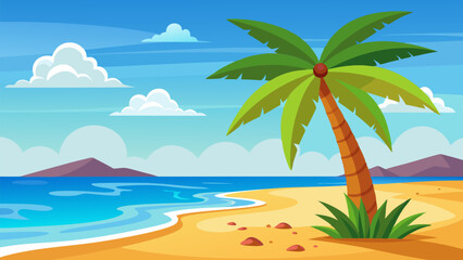 Obraz premium Tranquil Tropical Beach Scene. Palm Tree. Ocean. and Sunny Sky