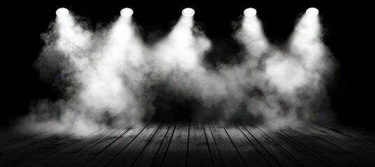 Four spotlights shine down on a smoky, empty stage with a wooden floor, creating a dramatic and atmospheric scene.