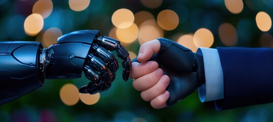 A human and a robot hand are holding each other, symbolizing connection between technology and humanity.