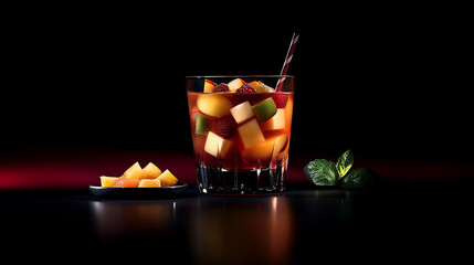 Fruit-infused drink with melon and berries served in a glass with a striped straw