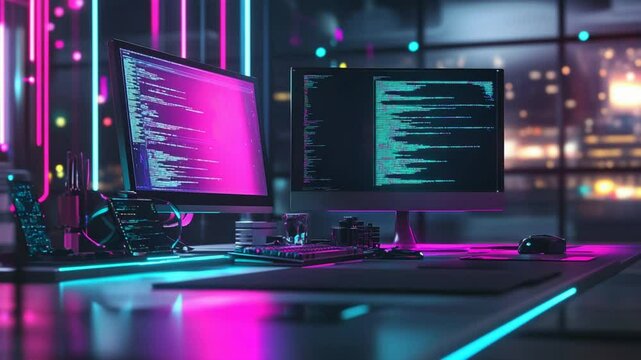 Modern coding workspace featuring vibrant neon lighting and dual monitor setup at night