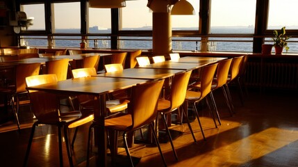 Inviting Interior of a Coastal Restaurant with Sunlit Tables and Scenic Waterfront View During Sunset