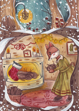 Illustration of a fox putting wood in the fireplace
