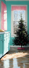A decorated Christmas tree stands by a sunlit window in a retro-style turquoise kitchen with pink accents.