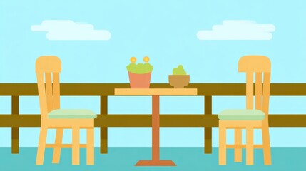 Obraz premium Minimalist Outdoor Scene with Two Wooden Chairs and Table Surrounded by Potted Plants and Clear Sky