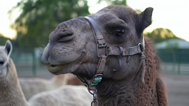 Captivating Close Up of Brown Camel with Studded Leather Halter Alongside a Cream Alpaca in Natural Setting