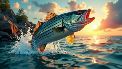 Striped Bass Leaping at Sunset
