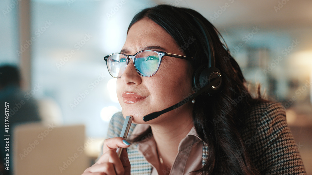 Poster Headset, reading and thinking with woman in call center for assistance, help or support at night. Communication, computer and problem solving with person at office for customer service in evening