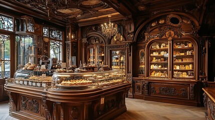 Fototapeta premium A luxurious Victorian bakery with polished wooden counters and soft golden light