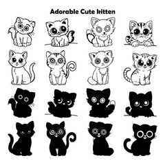 Fototapeta premium Cartoon Kitten Collection Illustration, Adorable Outlines, Playful Cartoon Cats Isolated