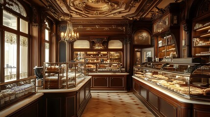 Obraz premium A luxurious Victorian bakery with polished wooden counters and soft golden light