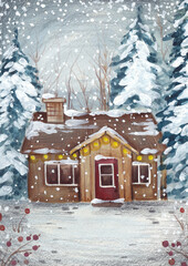 Illustration of a house in the middle of winter