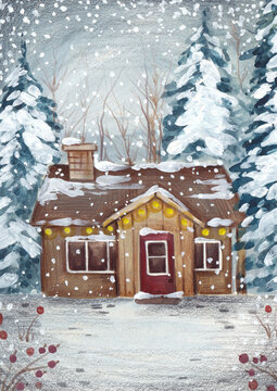 Illustration of a house in the middle of winter