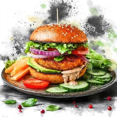 A hamburger with lettuce, tomato, and onions on a plate