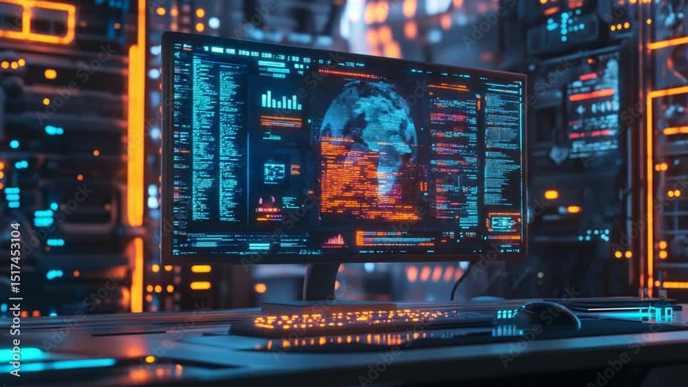 Poster futuristic workstation with data streams and a global digital interface rendering