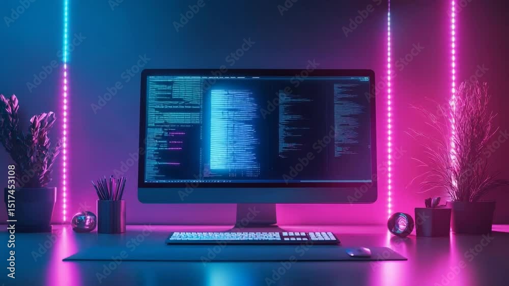 Poster modern software development workspace with neon lights and coding display on screen
