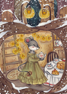 Illustration of a mouse at tea time