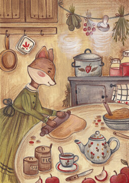 Illustration of a squirrel preparing bread