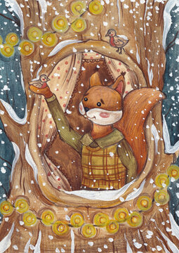 Illustration of a squirrel touching snowflakes