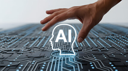 AI and human hand – symbol of interaction between tech and people  
