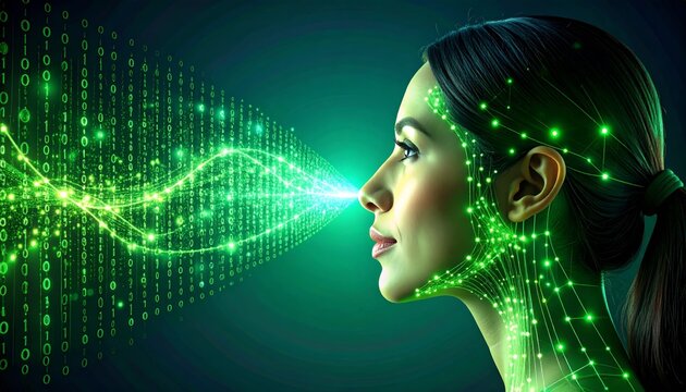 woman profile with glowing data stream - Powered by Adobe